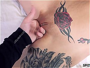 Anna gets her tattooed up slit drilled and face splashed